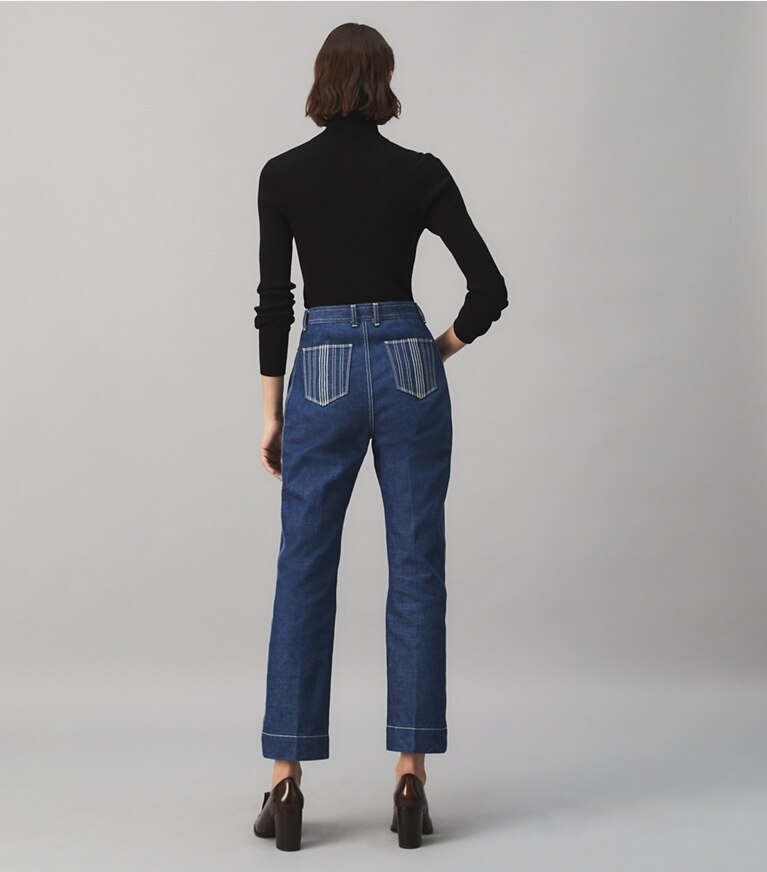 Tory Burch designer bottoms Cropped Denim Jean in UNWASHED RINSE front