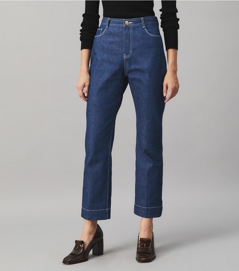 Tory Burch designer bottoms Cropped Denim Jean in UNWASHED RINSE front