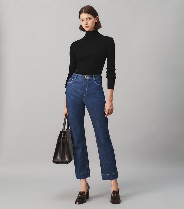 Tory Burch designer bottoms Cropped Denim Jean in UNWASHED RINSE on model front