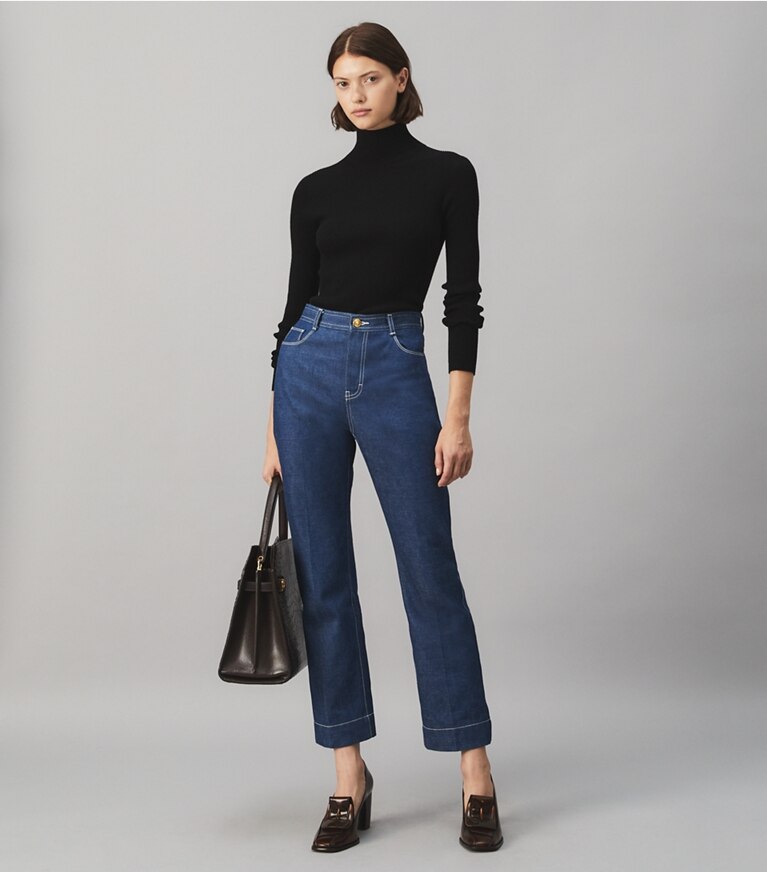 Tory Burch designer bottoms Cropped Denim Jean in UNWASHED RINSE front