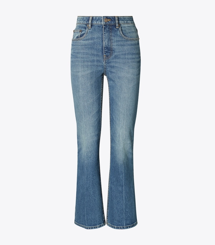 Tory Burch designer bottoms Cropped Flare Jean in Medium Vintage Wash front