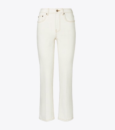Tory Burch designer bottoms Cropped Flare Jean in White Chalk Wash front