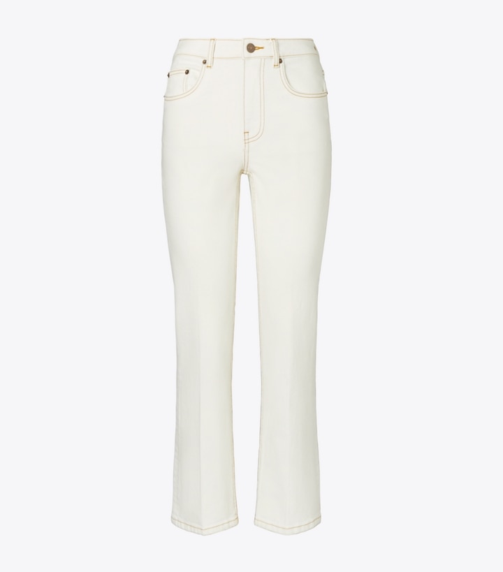 Tory Burch designer bottoms Cropped Flare Jean in White Chalk Wash front