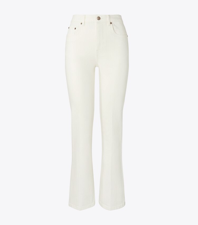 Tory Burch designer bottoms Cropped Flare Jean in White Chalk Wash front