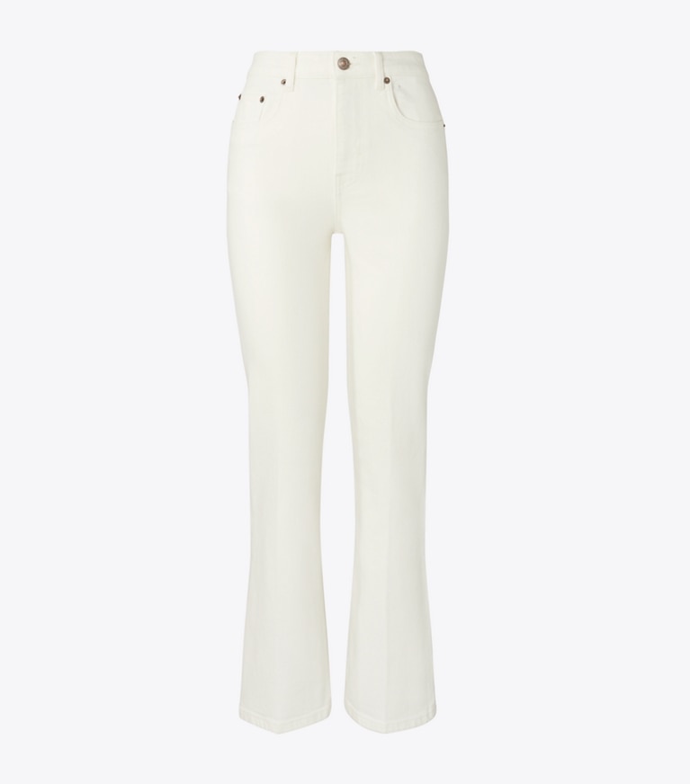Tory Burch designer bottoms Cropped Flare Jean in White Chalk Wash front