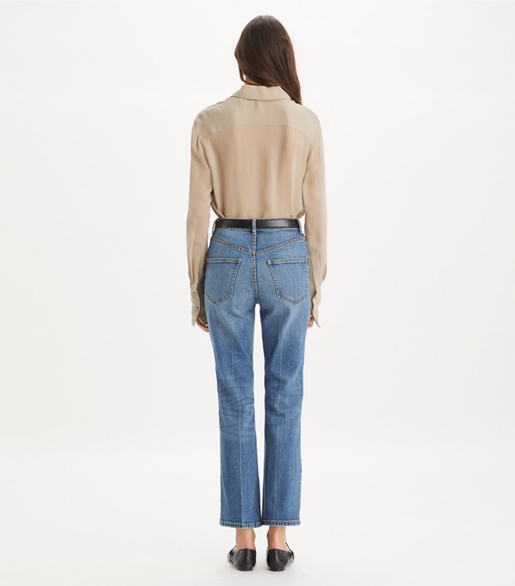 Tory Burch designer bottoms Cropped Flare Jean in Medium Vintage Wash on model back