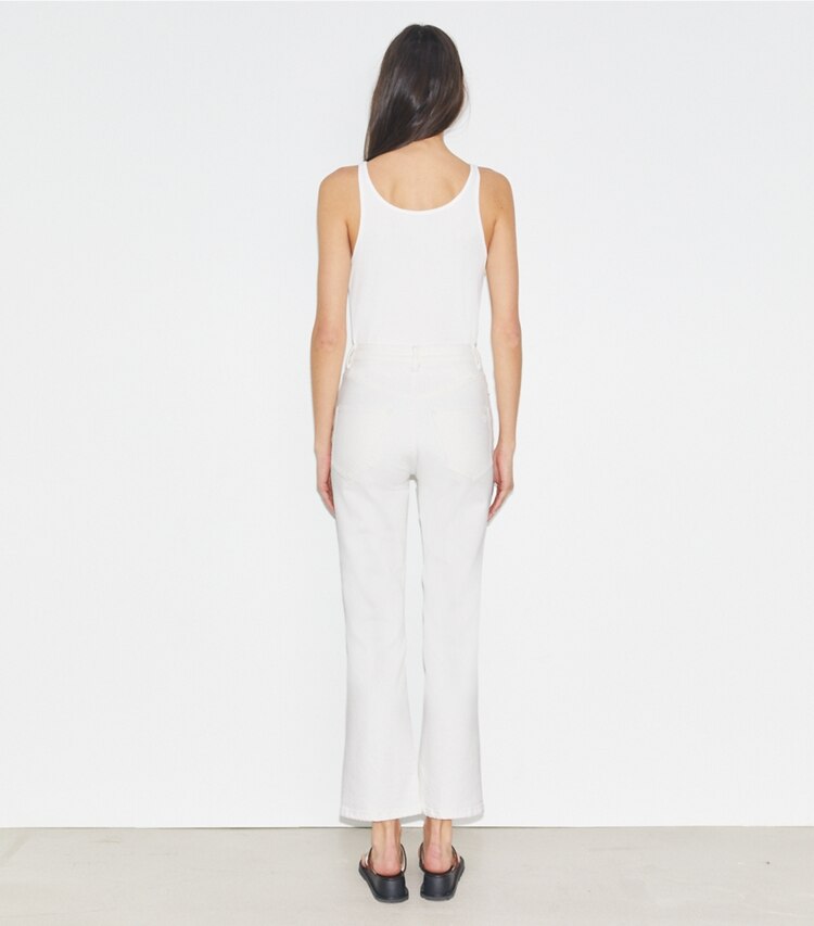 Tory Burch designer bottoms Cropped Flare Jean in White Chalk Wash on model back