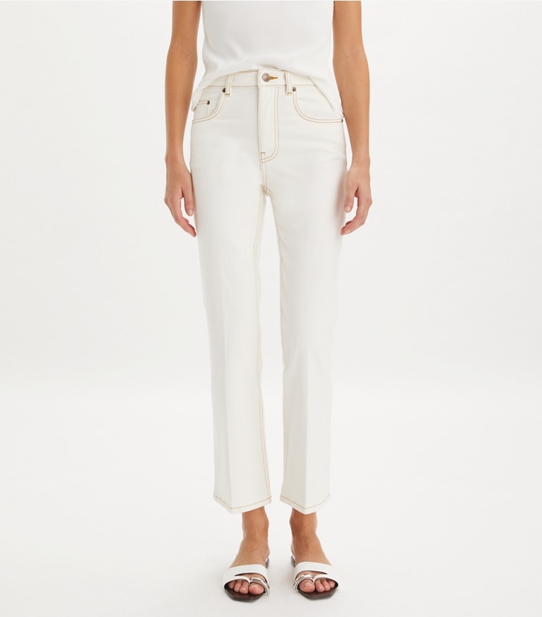 Tory Burch designer bottoms Cropped Flare Jean in White Chalk Wash front