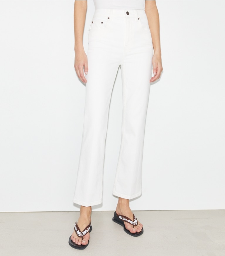 Tory Burch designer bottoms Cropped Flare Jean in White Chalk Wash front