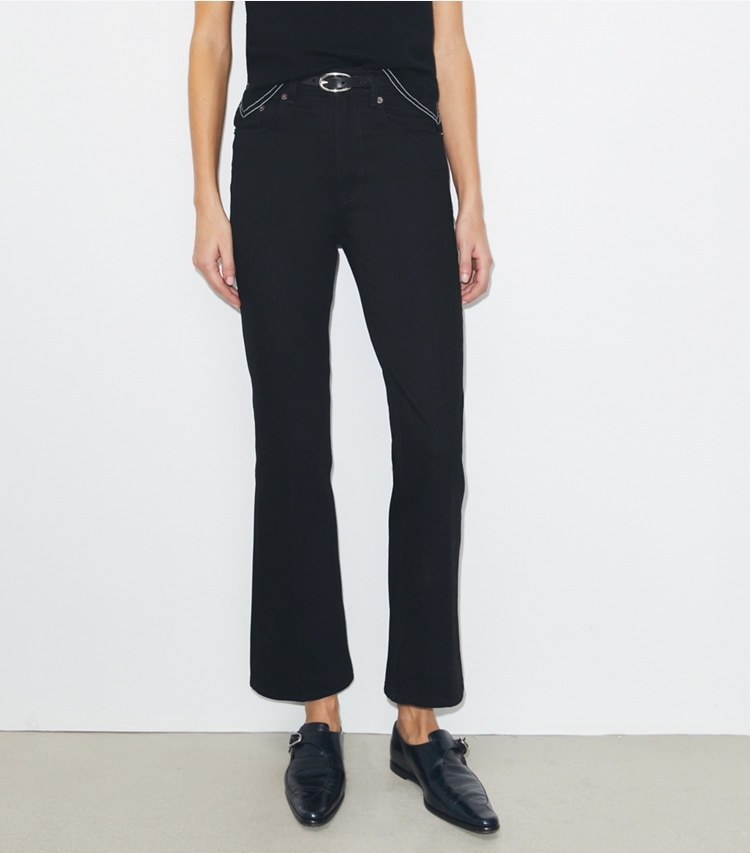 Tory Burch designer bottoms Cropped Flare Jean in Black on model detail