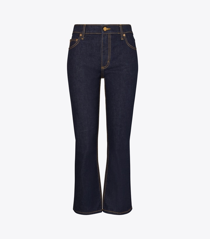 Tory Burch designer bottoms Cropped Flare Jeans in Dark Wash front