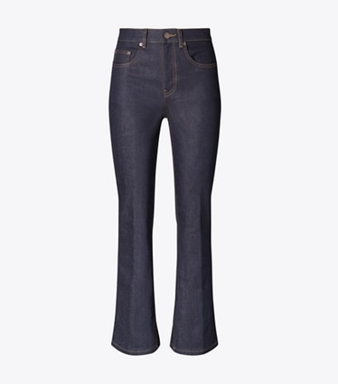 Tory Burch designer bottoms Cropped Flare Jeans in Raw/Unwashed front