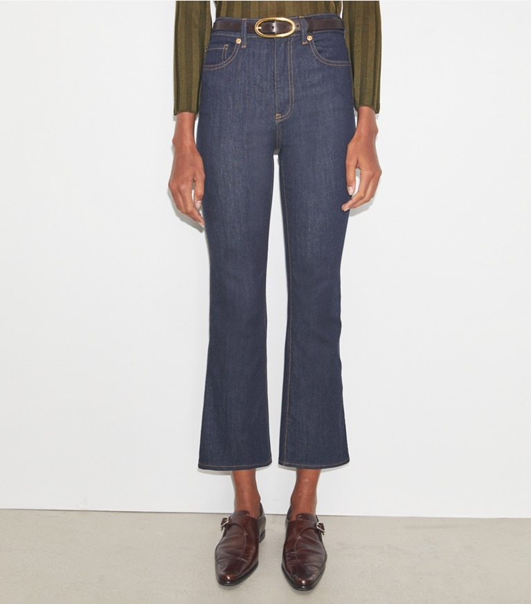 Tory Burch designer bottoms Cropped Flare Jeans in Raw/Unwashed front