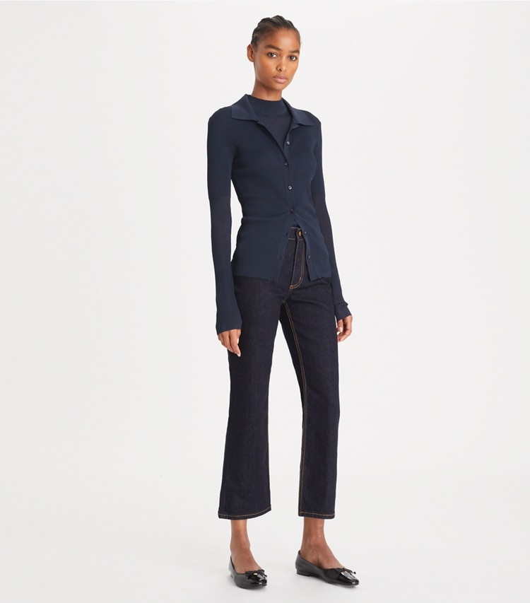 Tory Burch designer bottoms Cropped Flare Jeans in Dark Wash on model front