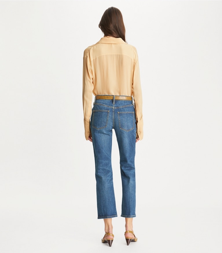 Tory Burch designer bottoms Cropped Flared Jeans in Dark Vintage Wash front