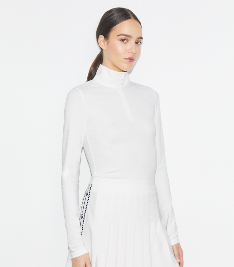 Tory Burch designer tops Cropped Jacquard Top in Snow White on model detail