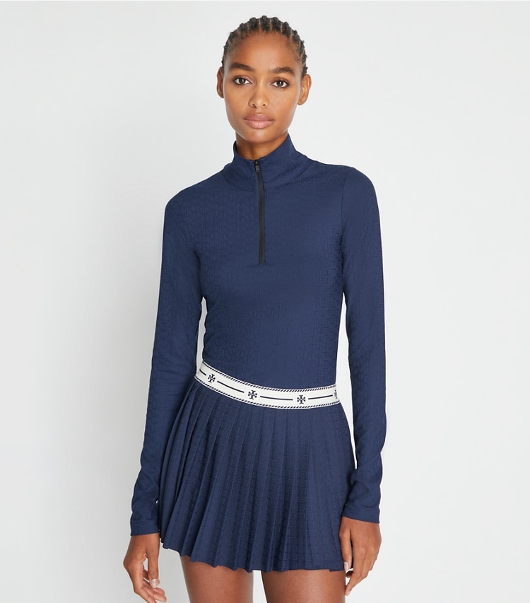 Tory Burch designer tops Cropped Jacquard Top in Tory Navy on model detail