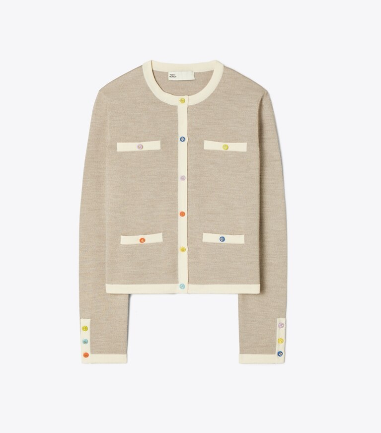 Tory Burch designer sweaters Cropped Kendra Cardigan in Warm Taupe Melange front