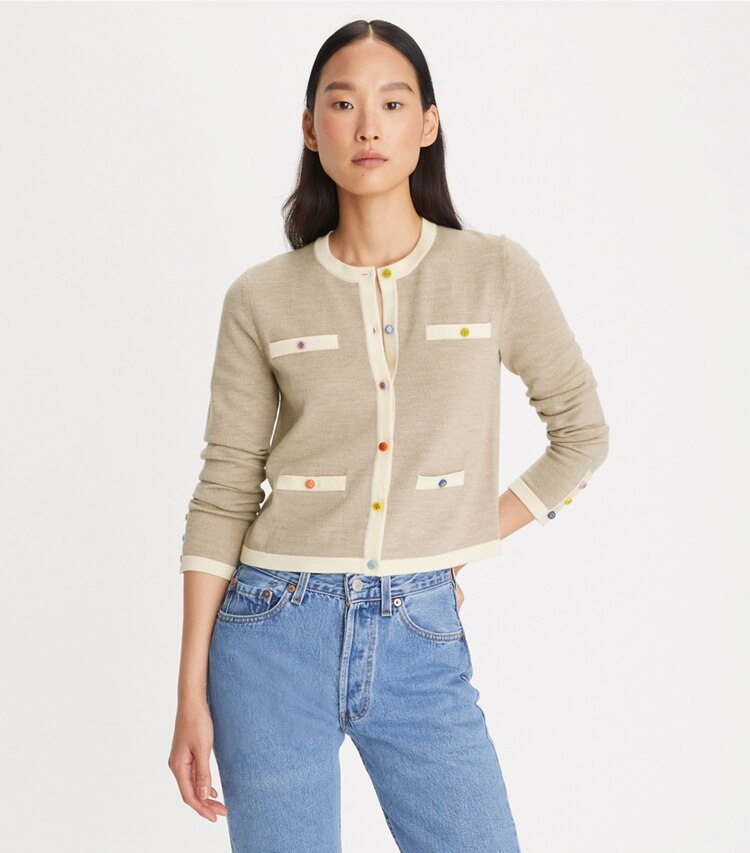 Tory Burch designer sweaters Cropped Kendra Cardigan in Warm Taupe Melange on model detail