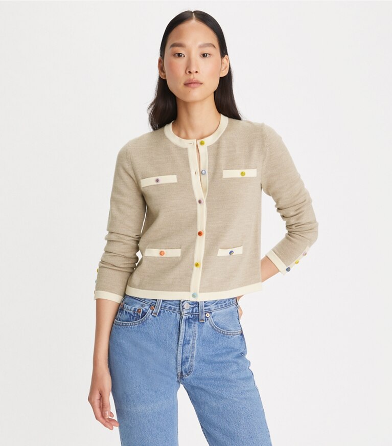 Tory Burch designer sweaters Cropped Kendra Cardigan in Warm Taupe Melange front