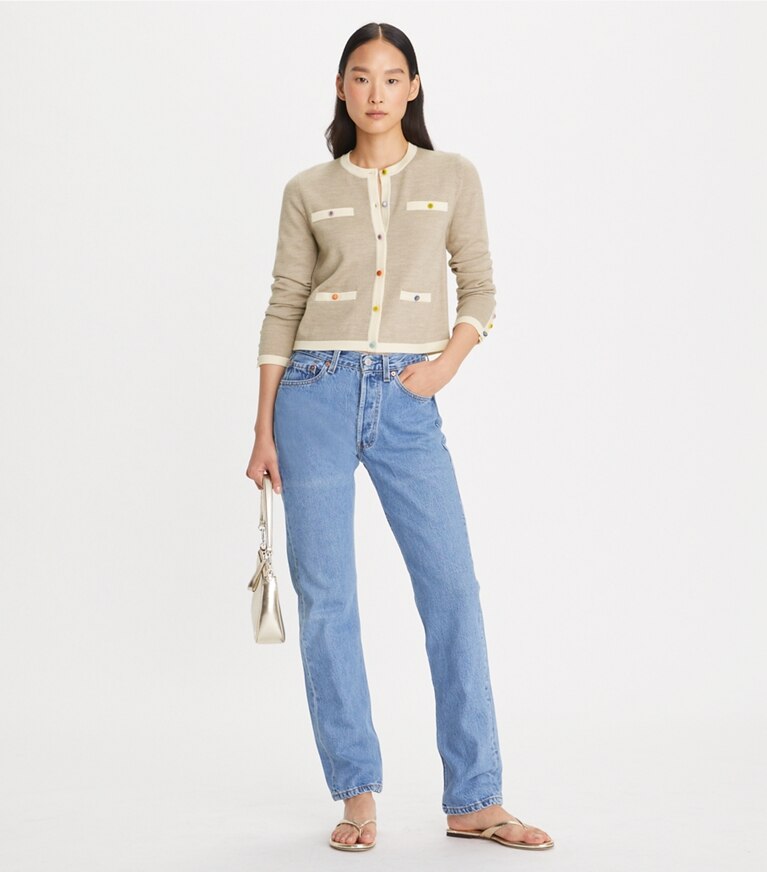 Tory Burch designer sweaters Cropped Kendra Cardigan in Warm Taupe Melange front