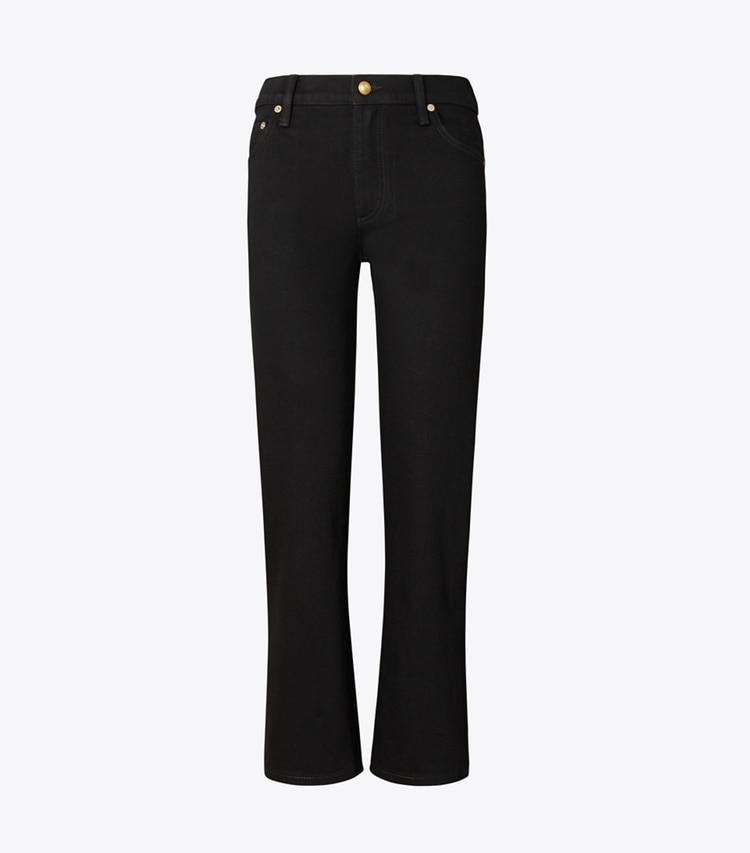 Tory Burch designer bottoms Cropped Kick Flare Jean in Black Rinse Wash front