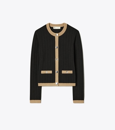 Tory Burch designer sweaters Cropped Merino Wool Cardigan in Black/ Camel Heather front