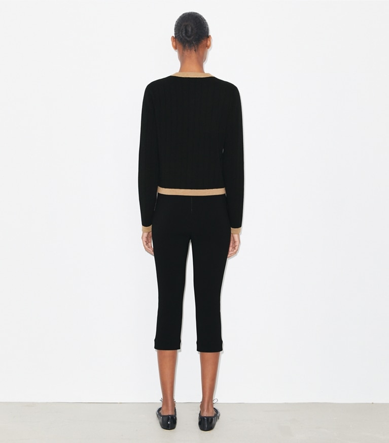 Tory Burch designer sweaters Cropped Merino Wool Cardigan in Black/ Camel Heather front