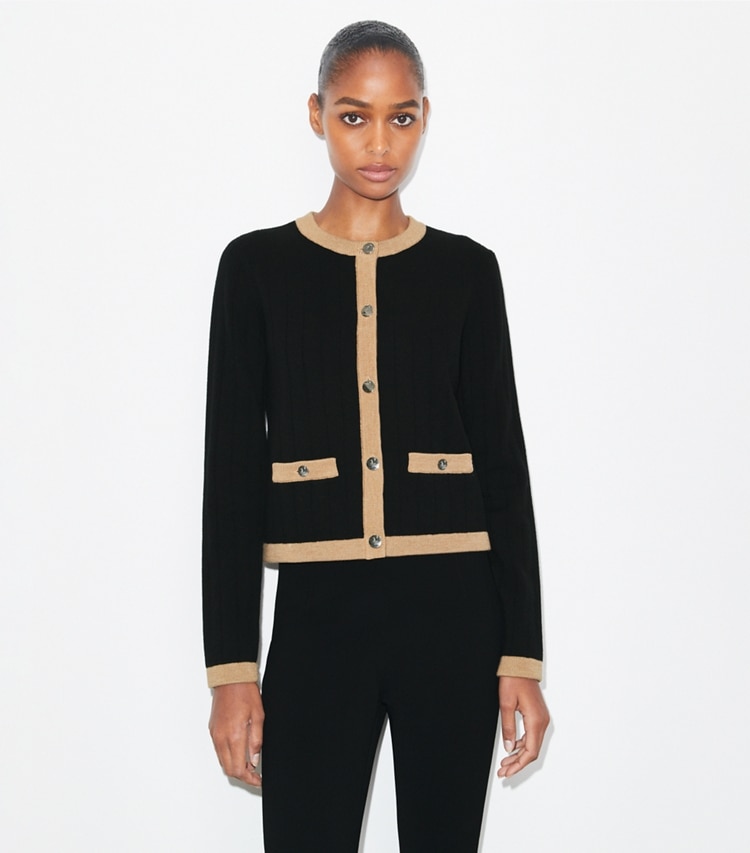 Tory Burch designer sweaters Cropped Merino Wool Cardigan in Black/ Camel Heather on model detail