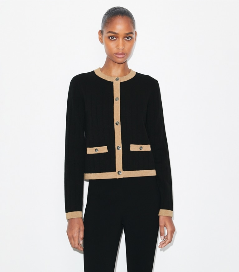 Tory Burch designer sweaters Cropped Merino Wool Cardigan in Black/ Camel Heather front