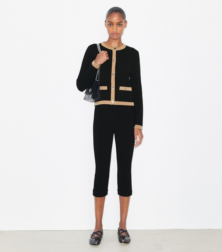 Tory Burch designer sweaters Cropped Merino Wool Cardigan in Black/ Camel Heather front