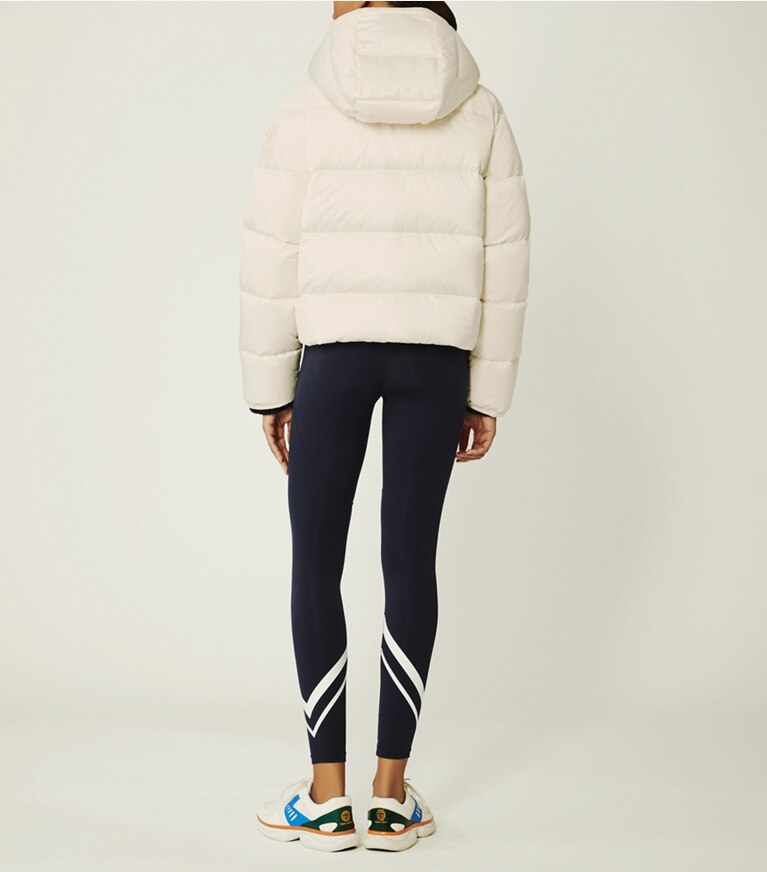 Tory Burch designer coats Cropped Performance Satin Down Jacket in Ivory Pearl front