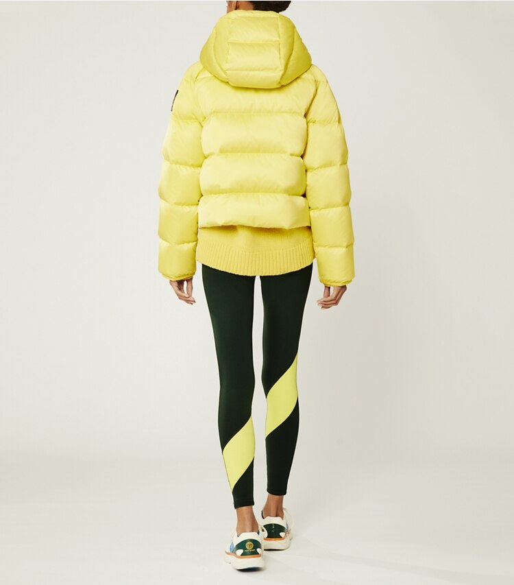 Tory Burch designer coats Cropped Performance Satin Down Jacket in Citrea on model back