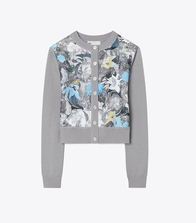 Tory Burch designer セーター クロップド シルクフロント カーディガン in Gray / Blue Abstract Floral front