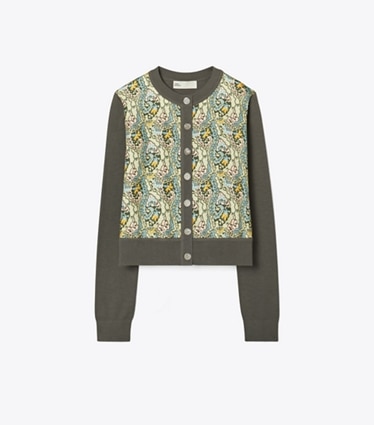 Tory Burch designer セーター クロップド シルクフロント カーディガン in Soft Graphite / Dream Paisley - Combo A front