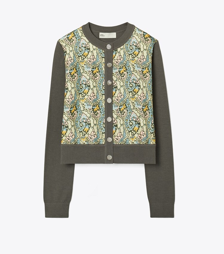 Tory Burch designer セーター クロップド シルクフロント カーディガン in Soft Graphite / Dream Paisley - Combo A front