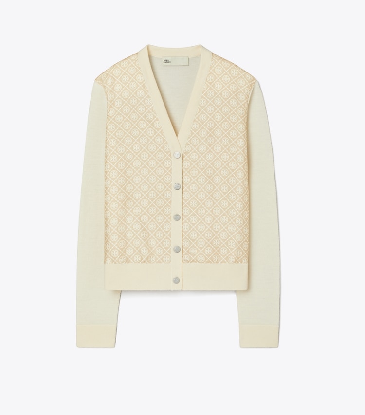 Tory Burch designer セーター クロップド シルクフロント カーディガン in French Cream / Gold T Mono Mini front