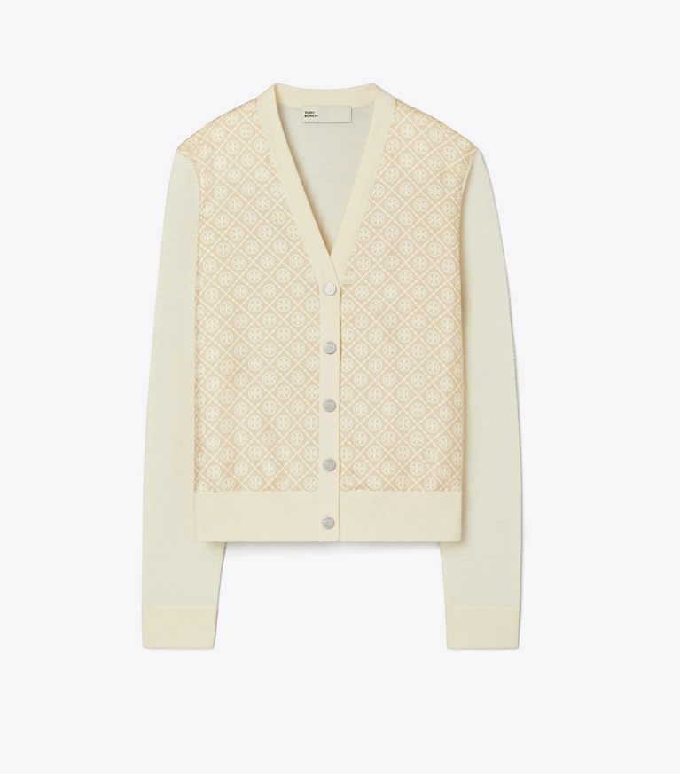 Tory Burch designer セーター クロップド シルクフロント カーディガン in French Cream / Gold T Mono Mini front