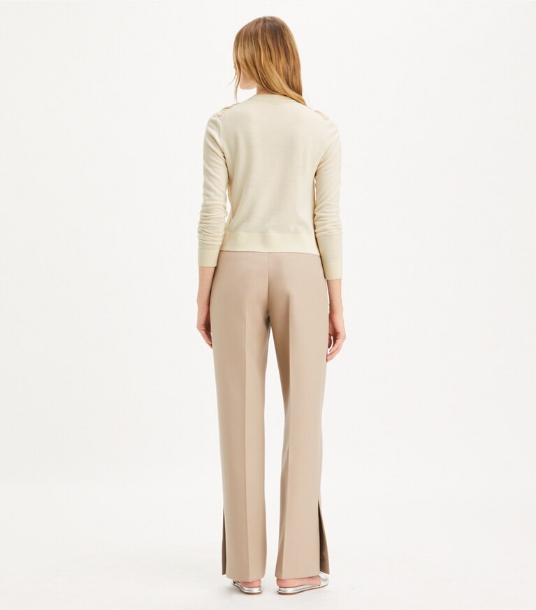 Tory Burch designer セーター クロップド シルクフロント カーディガン in French Cream / Gold T Mono Mini front