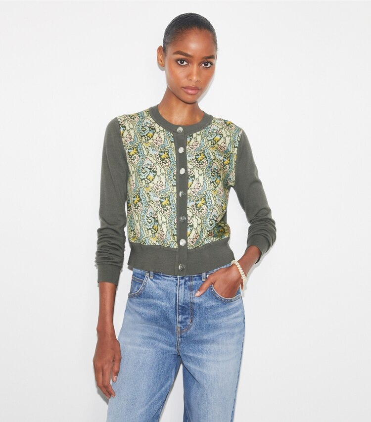 Tory Burch designer セーター クロップド シルクフロント カーディガン in Soft Graphite / Dream Paisley - Combo A on model detail