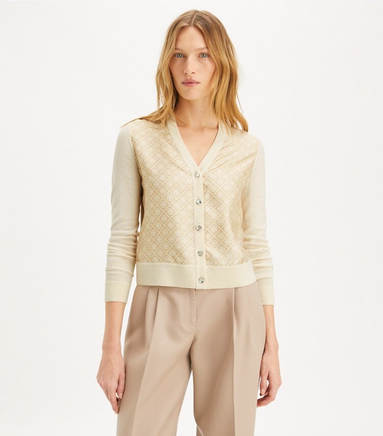Tory Burch designer セーター クロップド シルクフロント カーディガン in French Cream / Gold T Mono Mini on model detail