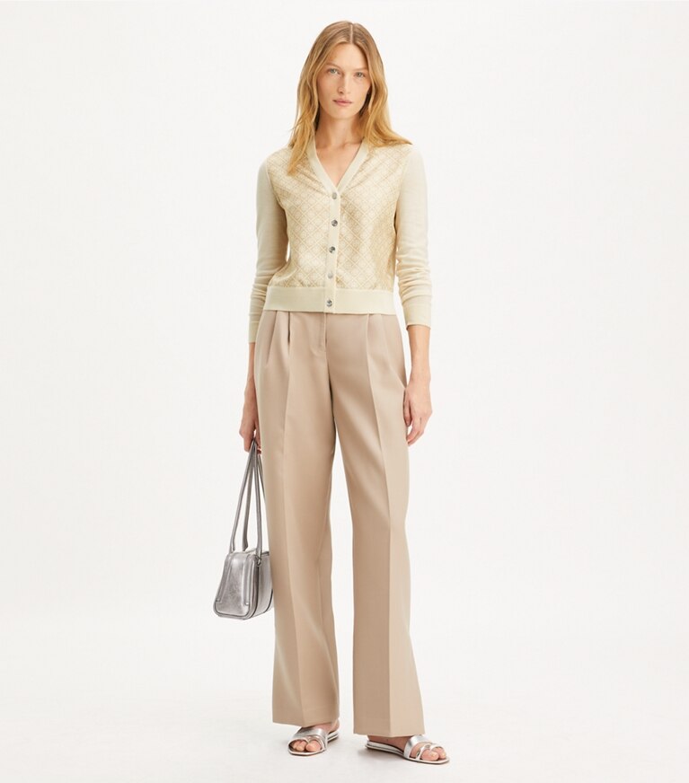 Tory Burch designer セーター クロップド シルクフロント カーディガン in French Cream / Gold T Mono Mini front