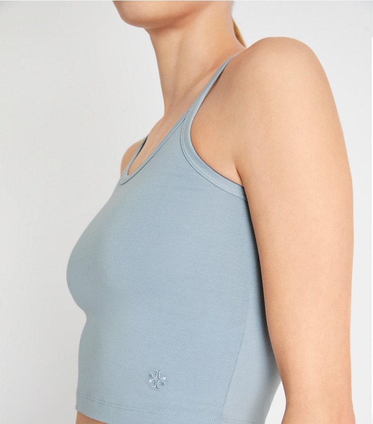 Tory Sport designer tops Cropped Tank in Swiss Blue on model detail