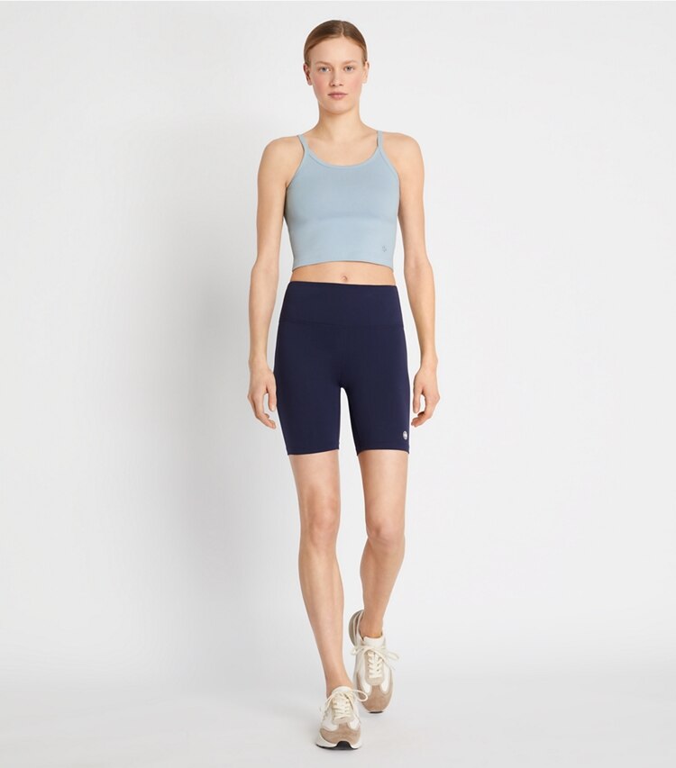 Tory Sport designer tops Cropped Tank in Swiss Blue on model front