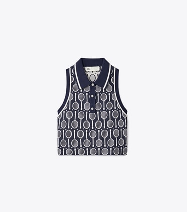 Tory Sport designer tops Cropped Tech Knit Polo Tank in Tory Navy Racquets front