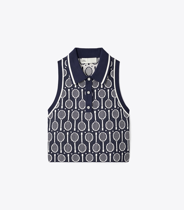 Tory Sport designer tops Cropped Tech Knit Polo Tank in Tory Navy Racquets front