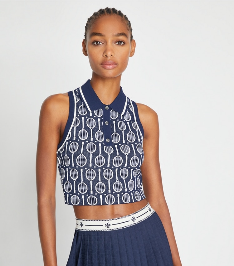 Tory Sport designer tops Cropped Tech Knit Polo Tank in Tory Navy Racquets on model detail