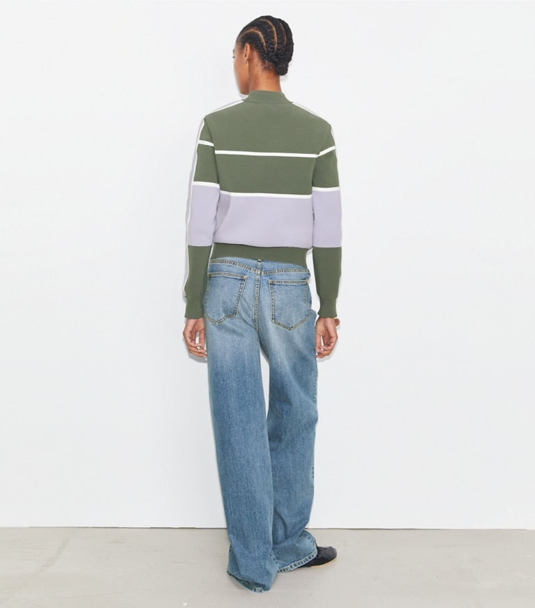 Tory Sport designer sweaters Cropped Tech Nylon Tennis Sweater in Gray / Snow White / Lilac Whisper front