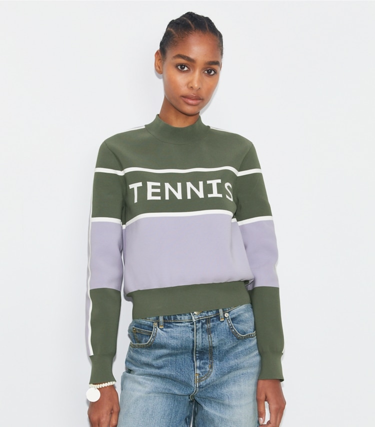 Tory Sport designer sweaters Cropped Tech Nylon Tennis Sweater in Gray / Snow White / Lilac Whisper on model detail