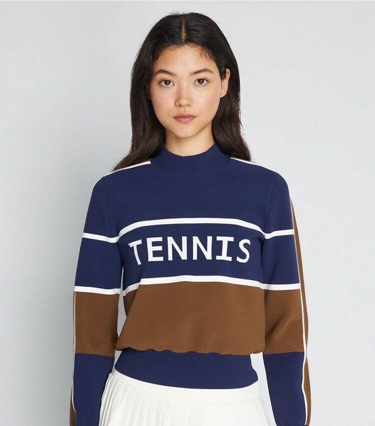 Tory Sport designer セーター クロップド テックナイロン テニスセーター in Tory Navy / Allspice on model detail